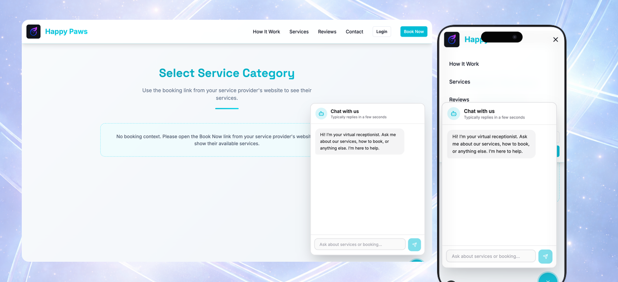 AI Virtual Receptionist — chat widget on booking page answering service and booking questions